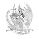 An anime-inspired warrior princess riding a dragon, with Cambodian temple motifs in the background, showcasing a love for fantasy and favorite destination tattoo design idea