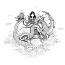 An anime-inspired warrior princess riding a dragon, with Cambodian temple motifs in the background, showcasing a love for fantasy and favorite destination tattoo design idea