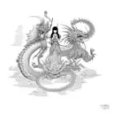 An anime-inspired warrior princess riding a dragon, with Cambodian temple motifs in the background, showcasing a love for fantasy and favorite destination tattoo design idea