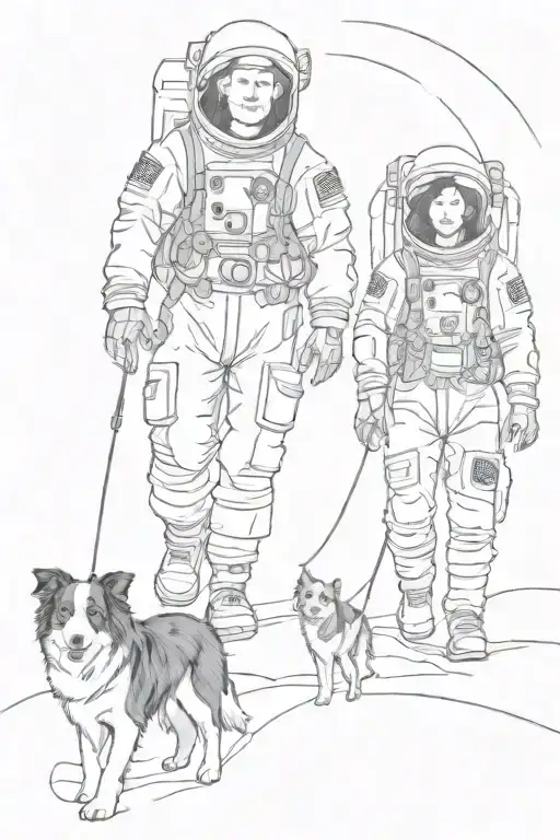 interstellar myself, wife, and border collie dog as astronauts walking into the horizon tattoo design idea