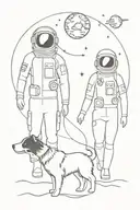 interstellar myself, wife, and border collie dog as astronauts walking into the horizon tattoo design idea