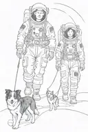 interstellar myself, wife, and border collie dog as astronauts walking into the horizon tattoo design idea