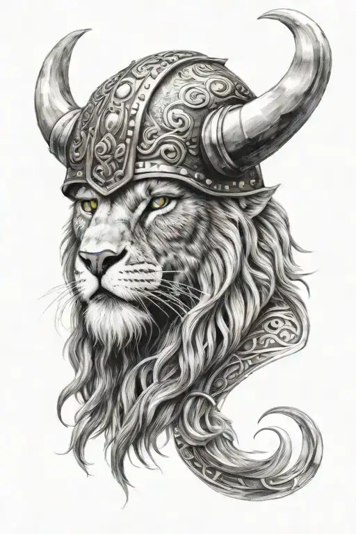 viking warrior half lion face with horned helmet and bright eyes tattoo design idea