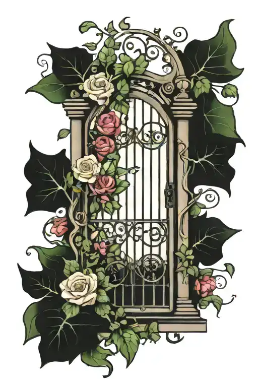 garden gate with flowers and ivy  tattoo design idea