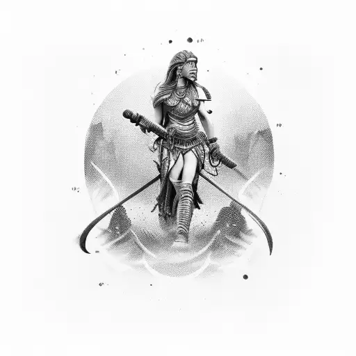 A woman warrior with the birthday 15th june 1973 over her head or around her I roman numerals  tattoo design idea