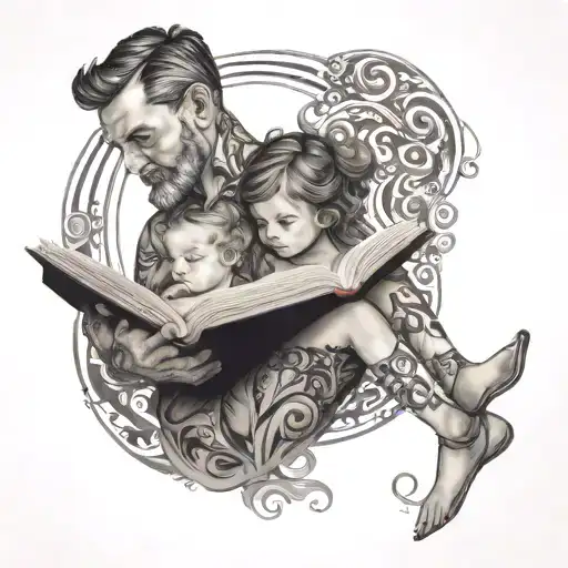 A stylized design of a dad and daughter reading a book together, with swirling patterns surrounding them tattoo design idea