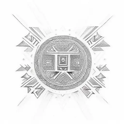 Sketch a unique tattoo blending Samoan tribal symbols with intricate Ethiopian alphabet calligraphy tattoo design idea