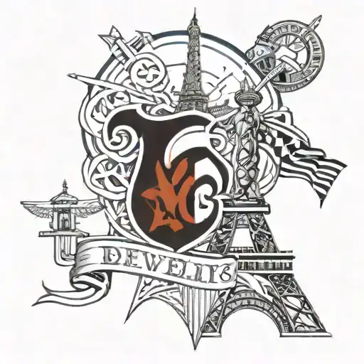 A tattoo design featuring the logos of New Jersey Devils, Real Madrid, and Philadelphia Eagles intertwined with the Eiffel Tower representing France World Cup, with a signalman's signal flags incorporated into the design tattoo design idea