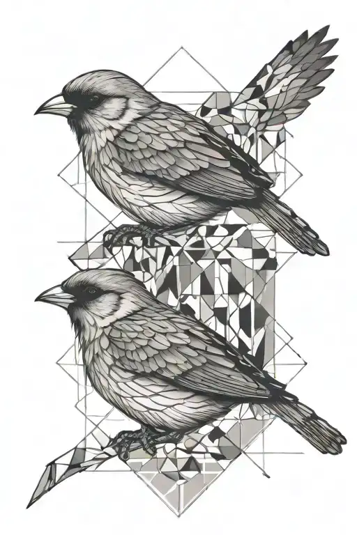 Two sparrows in parallel that still have a connection, correlated in geometric shapes tattoo design idea