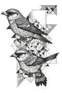 Two sparrows in parallel that still have a connection, correlated in geometric shapes, representing both the past and th tattoo design idea