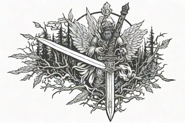 knife, sword, angel, god, war, guns, forest tattoo design idea