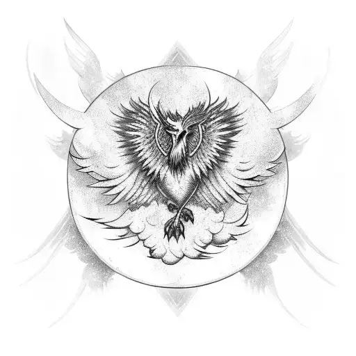 A majestic phoenix rising from the ashes, surrounded by Nordic runes tattoo design idea