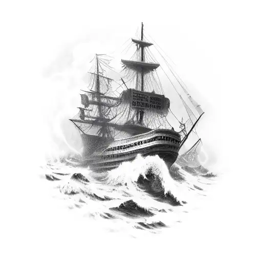 weathered ghost ship in a storm tattoo design idea