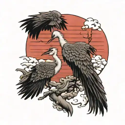 two cranes in front of a red sunset reflecting tattoo design idea