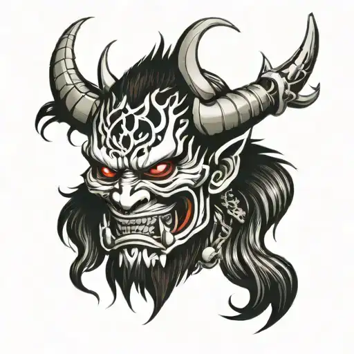 oni demon mask with fangs corruption sharp dripping blood split in half elegant  tattoo design idea