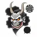 oni demon mask with fangs corruption sharp dripping blood split in half elegant  tattoo design idea