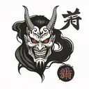 oni demon mask with fangs corruption sharp dripping blood split in half elegant  tattoo design idea