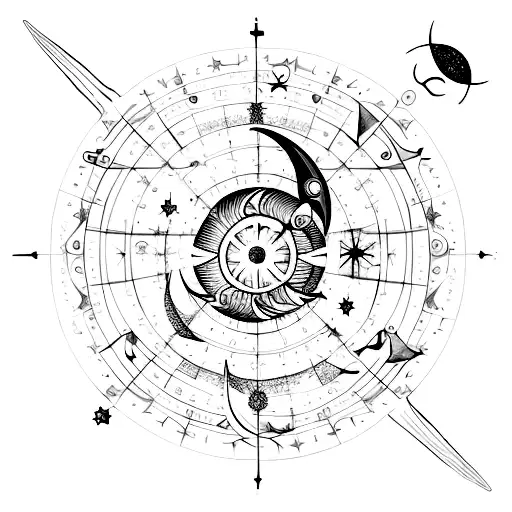 A celestial scene with Pisces constellation and Poseidon's trident in the night sky tattoo design idea