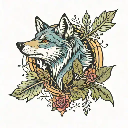 a thin arrow with leaves curling around it and traces of a wolf's paws tattoo design idea