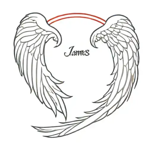 angel wings with the name james in red ink tattoo design idea