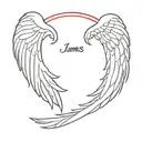angel wings with the name james in red ink tattoo design idea