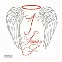 angel wings with the name james in red ink tattoo design idea