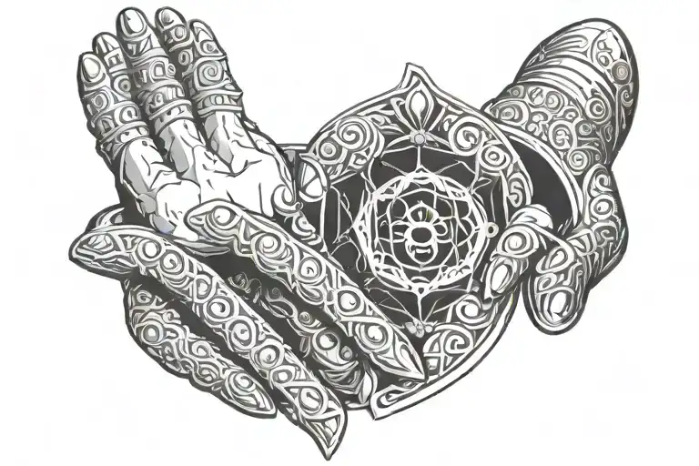 multiple eyes on a plate armor gauntlet hand medieval prince tattoo design idea
