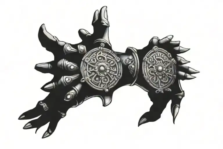 multiple eyes on a plate armor gauntlet hand medieval prince tattoo design idea