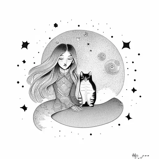 girl and a cat early morning lookind at the stars tattoo design idea