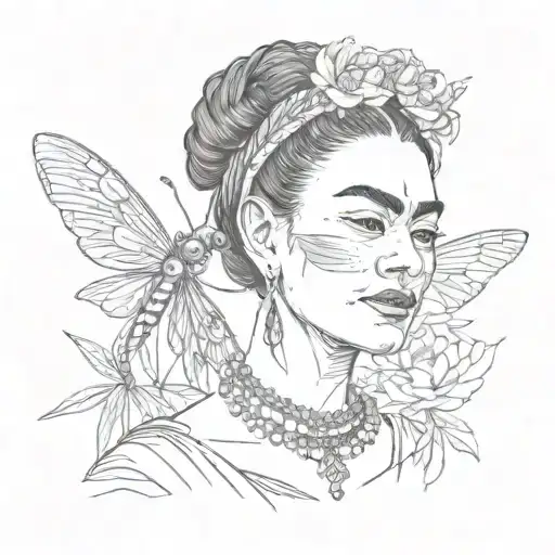 A portrait of Frida Kahlo with a dragonfly resting on her shoulder tattoo design idea