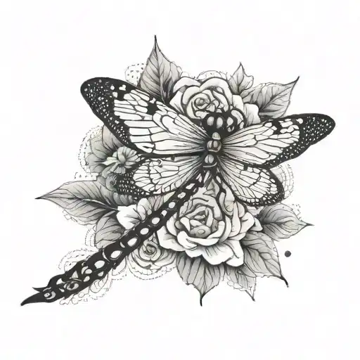 A dotwork tattoo of a dragonfly with Frida Kahlo's face as the body tattoo design idea
