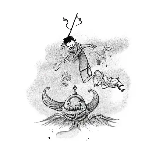 A magical scene of campanilla and Stich flying on broomsticks, with the word 'amor' written in elegant script. tattoo design idea