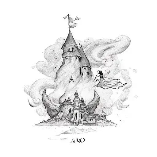 A magical scene of campanilla and Stich flying on broomsticks, with the word 'amor' written in elegant script. tattoo design idea