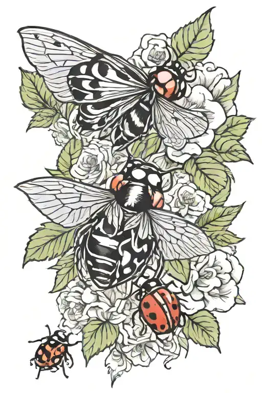 orhidics and petunia with a ladybug sitting tattoo design idea
