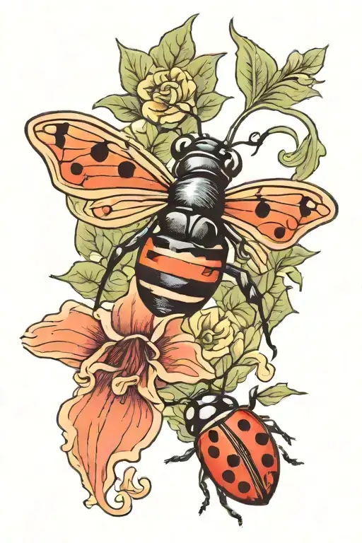 one orhidics and petunia with a lady bug  tattoo design idea
