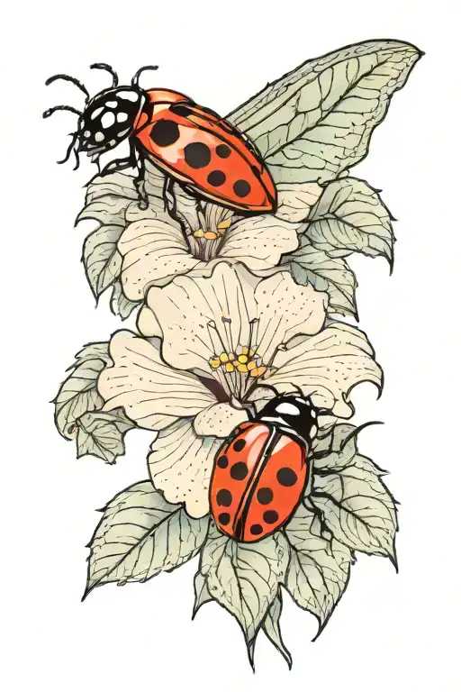one orhidics and petunia with a lady bug, lady bug sitting on orhidics tattoo design idea