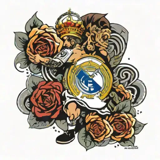 A dynamic composition of your favorite player's celebration intertwined with the Real Madrid team logo, creating a seamless design that showcases your love for both tattoo design idea