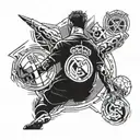 A dynamic composition of your favorite player's celebration intertwined with the Real Madrid team logo, creating a seamless design that showcases your love for both tattoo design idea