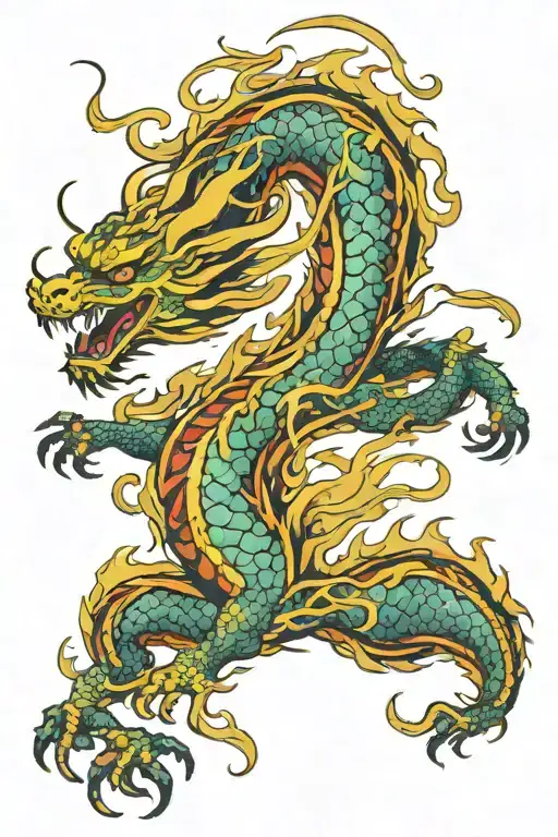 Chinese dragon Yinglong, with yellow scales and colorful wings, soaring in the sky and gazing at the ground tattoo design idea