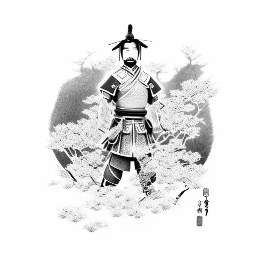 Japanese samurai warrior surrounded by cherry blossom trees tattoo design idea