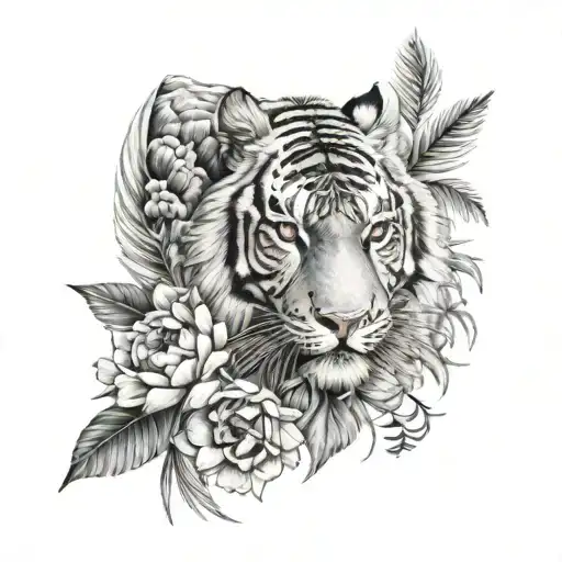 peonies, waves, tiger, palm branch, peacock feather tattoo design idea