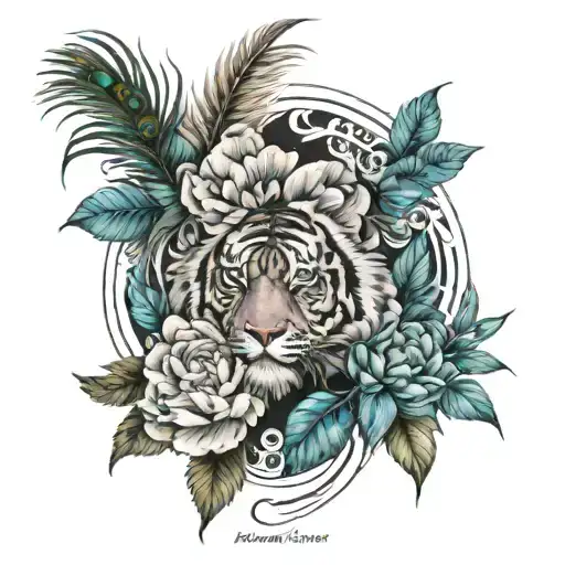 peonies, waves, tiger, palm branch, peacock feather tattoo design idea
