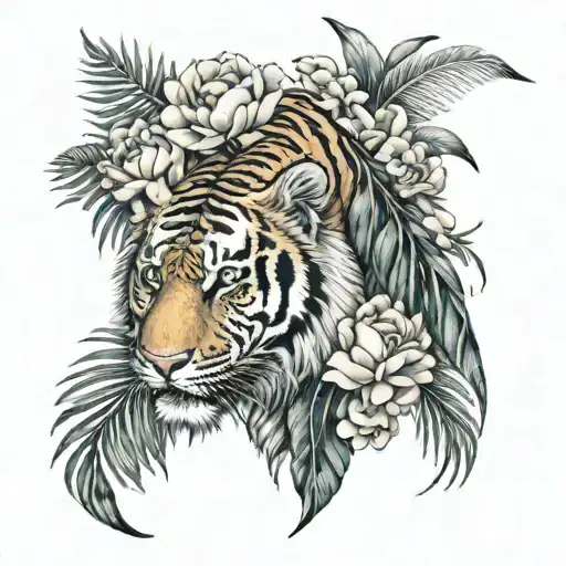 peonies, waves, tiger, palm branch, peacock feather tattoo design idea