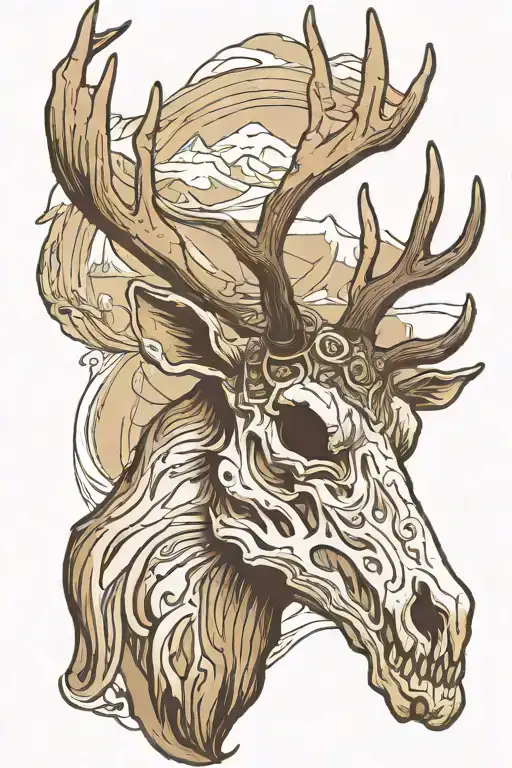 elk skull with antlers in the mountains  tattoo design idea