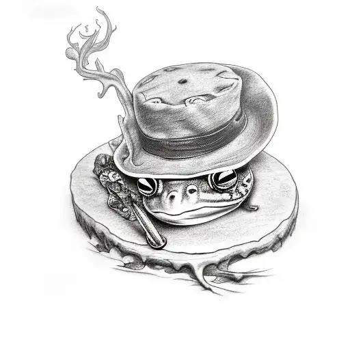 massive tattoo on my leg of a frog wearing a hat sitting in a tree smoking a cigar tattoo design idea