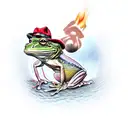 massive tattoo on my leg of a frog wearing a hat sitting in a tree smoking a cigar tattoo design idea