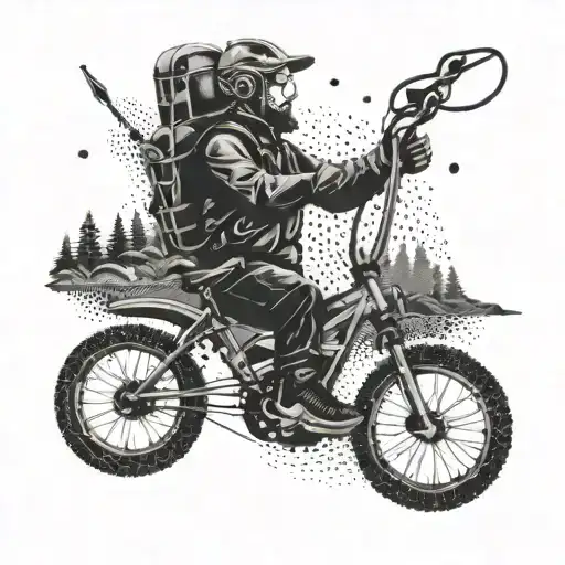 A dotwork tattoo of a sports-themed design with various outdoor activities like hiking, surfing, and biking all intertwined tattoo design idea