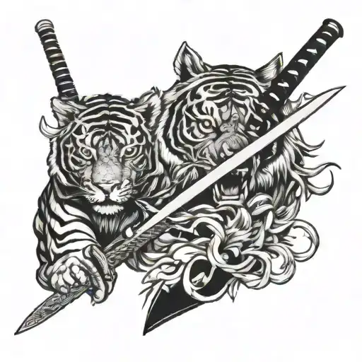 Sword and samurai and tiger head tattoo design idea