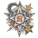tatouage avec les initiales R,P, J, M et des étoiles  tattoo design idea