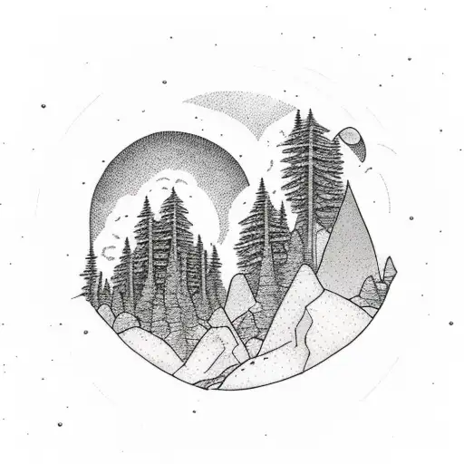 forest with trees, rocks, waterfall that progresses into a planetary scene  tattoo design idea